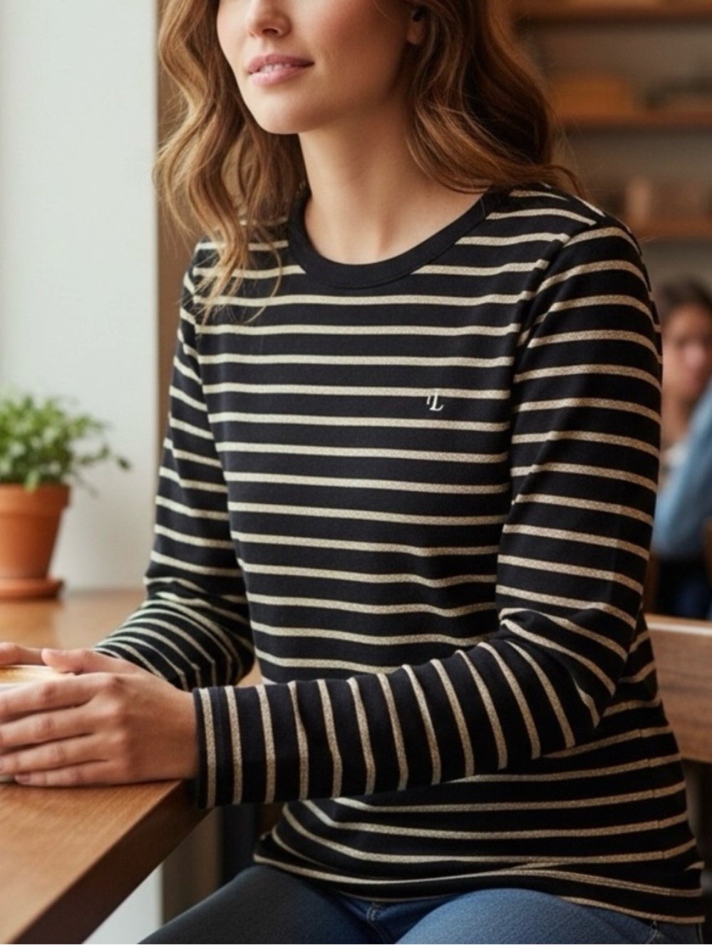 Lauren Ralph Lauren Black/Metallic Gold Striped Long Sleeve Top